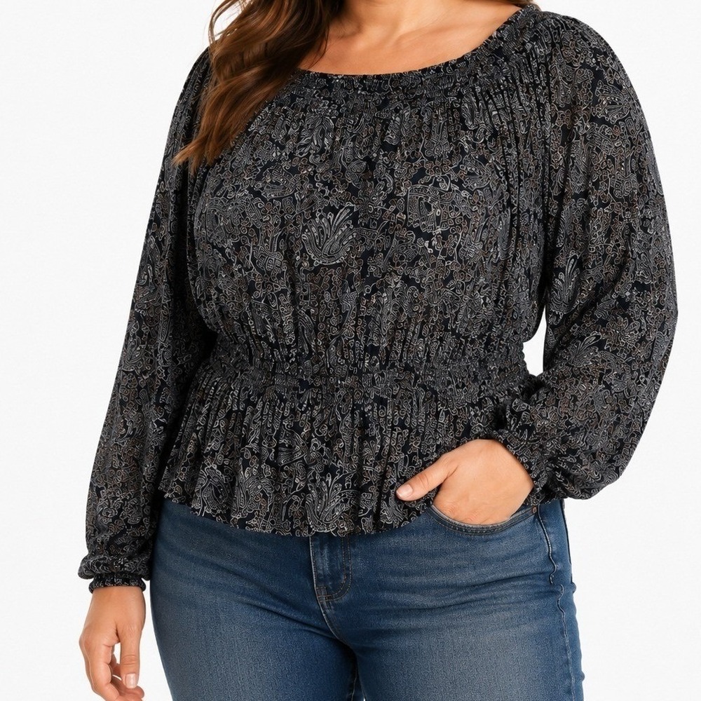 Treasure & Bond Womens Top L Black Floral Paisley Long Sleeve Peplum Boho Blouse